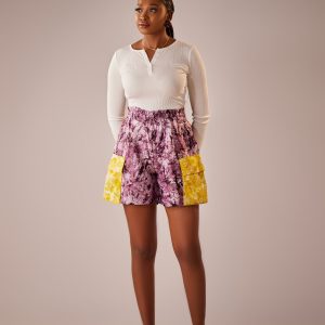 SÉRE Adire Cargo Shorts - Purple + Yellow - Front