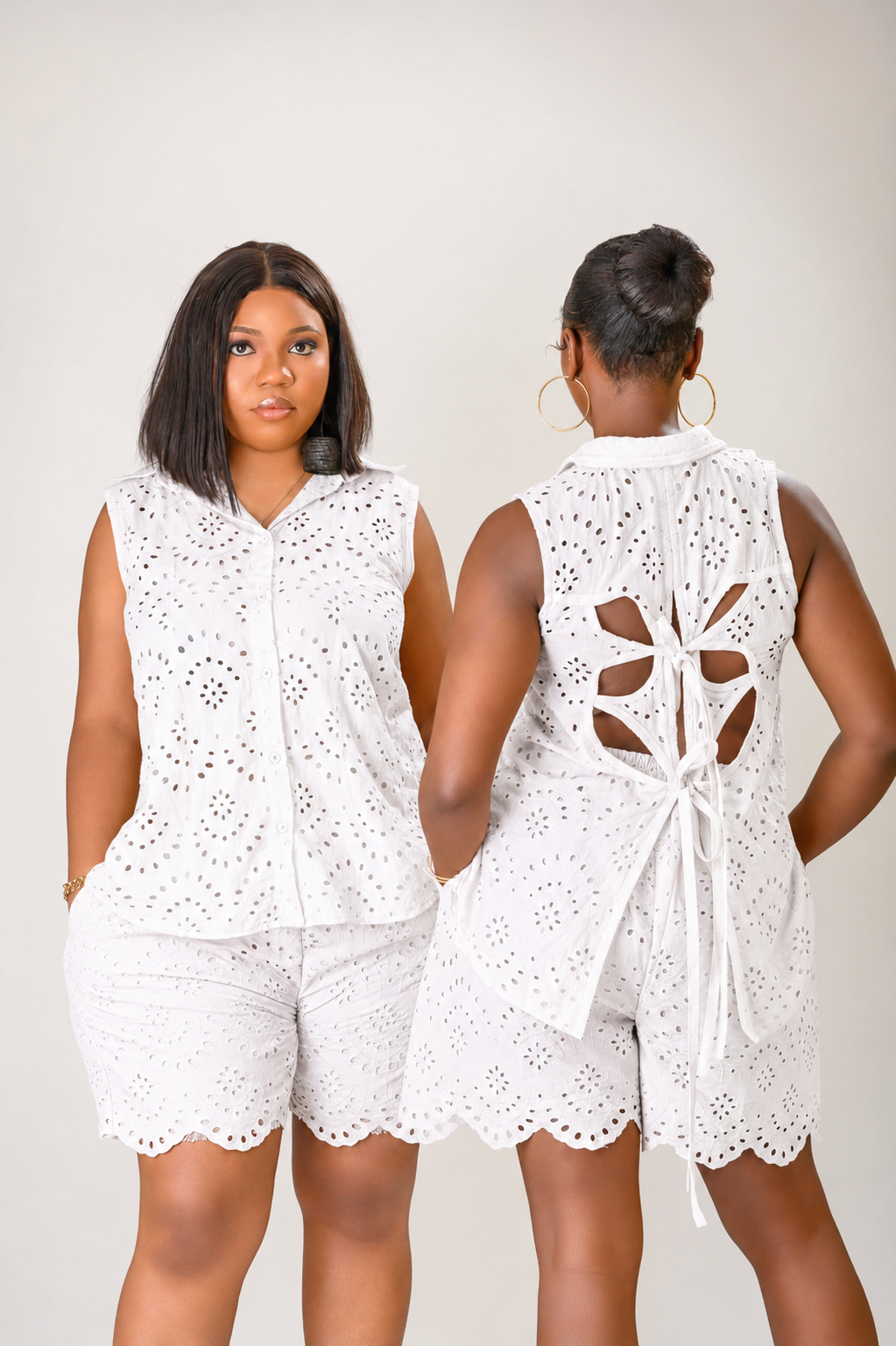 Two ladies wearing the Palma set in white