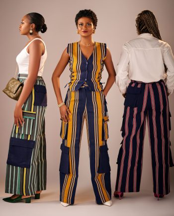 A group of ladies wearing aso oke cargo pants